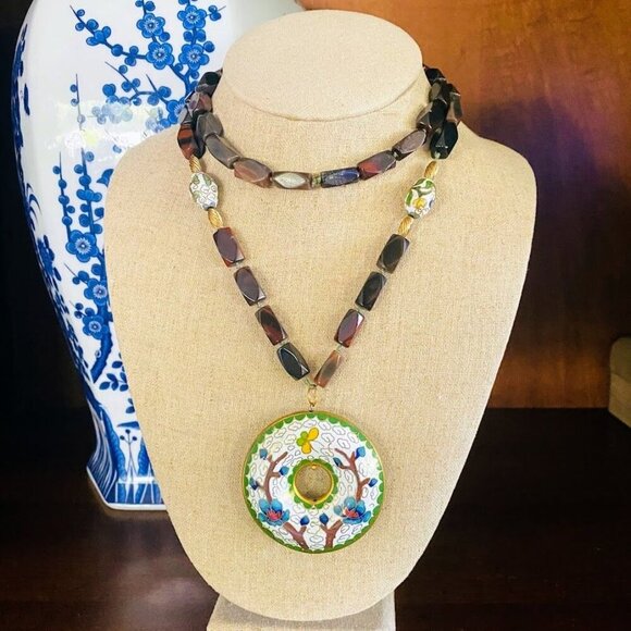 Vintage Cloisonné Ping An Kou Pendant Necklace With Red Tigers Eye Beads 30" - Picture 2 of 6